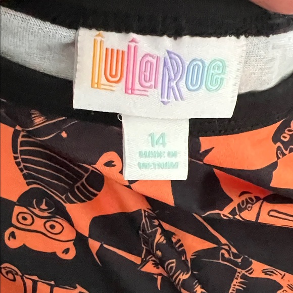 LuLaRoe Kids Orange and Black Graphic Long Sleeve Tee size 14 - Picture 4 of 5